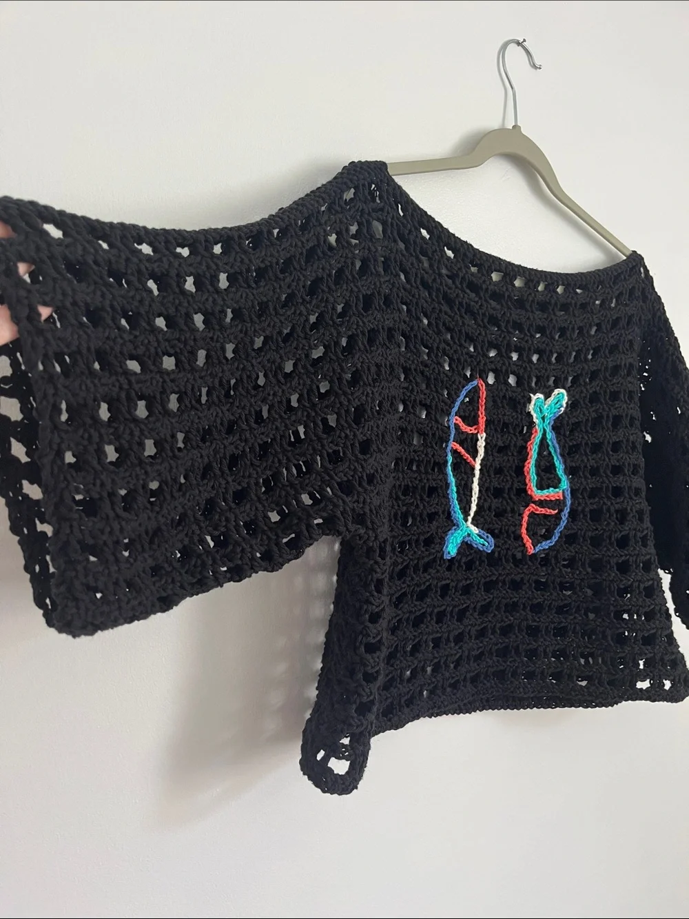 Handmade Black Crochet boxy tee with Colorful Fish Embroidery